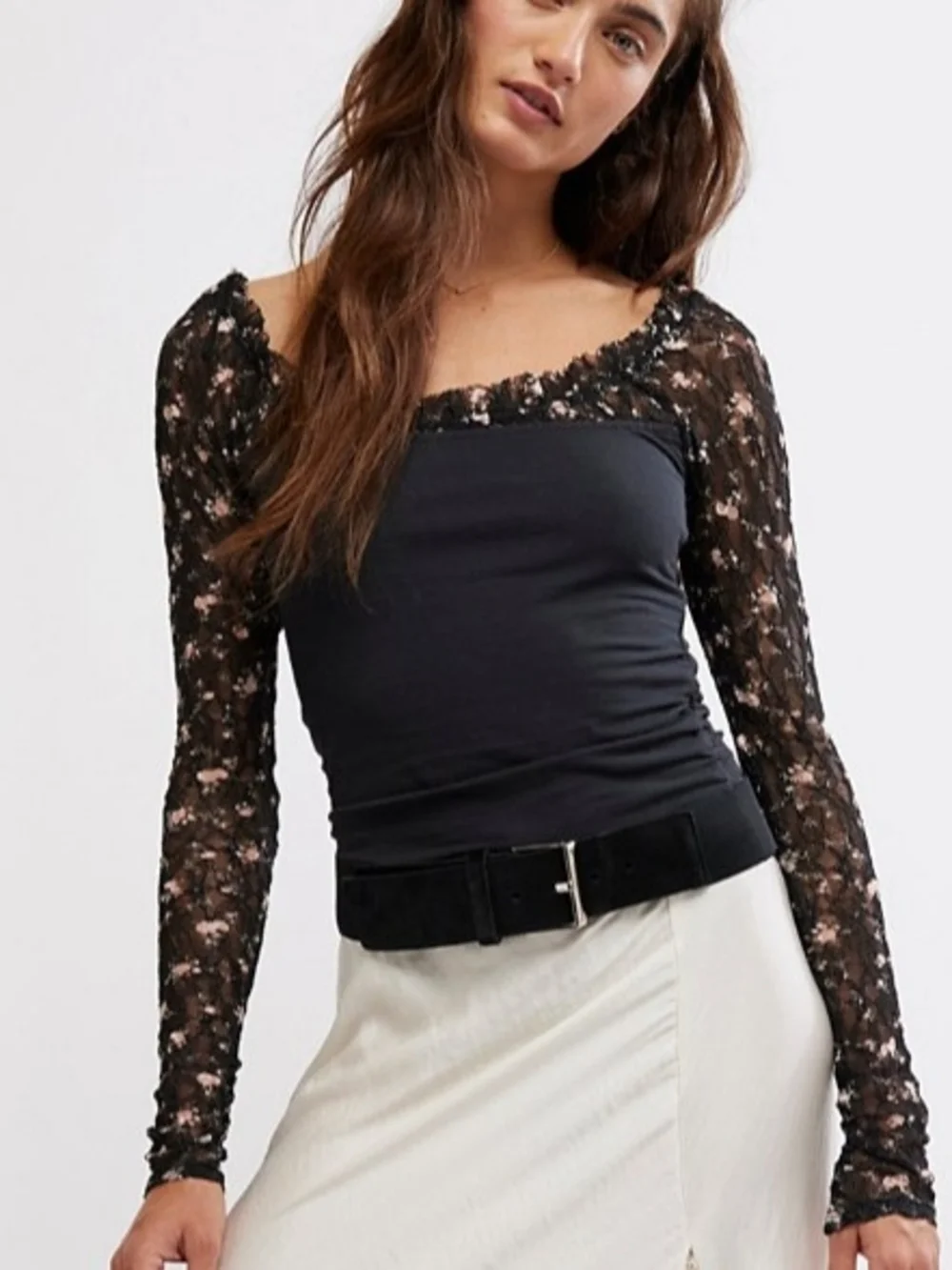 Free People Josie Floral Square Neckline Lace Long-Sleeve Top In Black - M